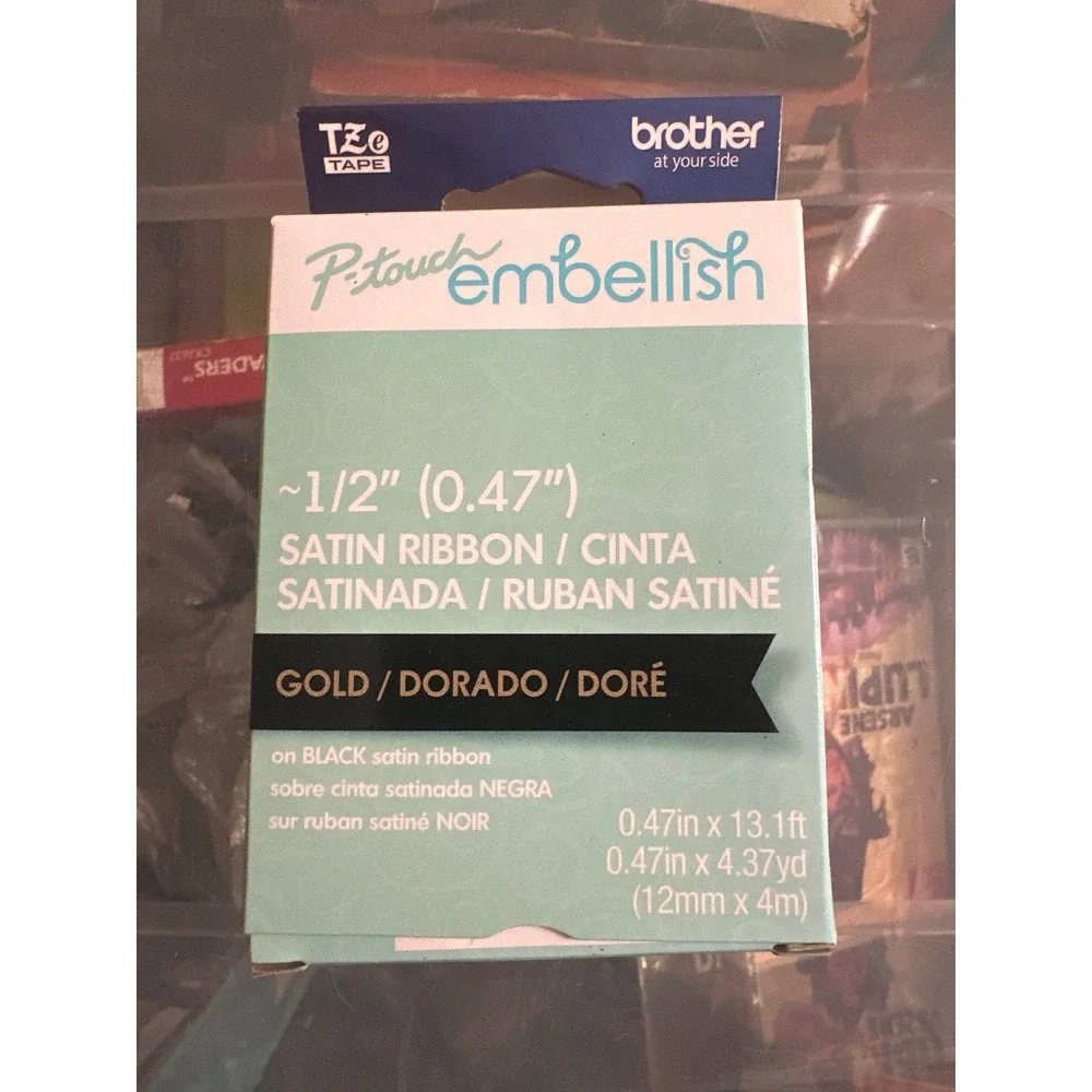 Brother P-Touch Embellish Satin Ribbon Gold on Black 1/2